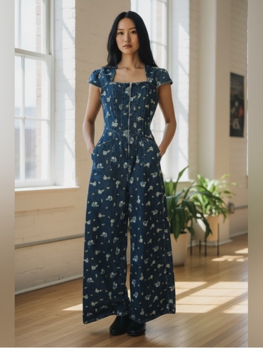 Avec Les Filles Kauri Blue Ditsy Floral Jumpsuit